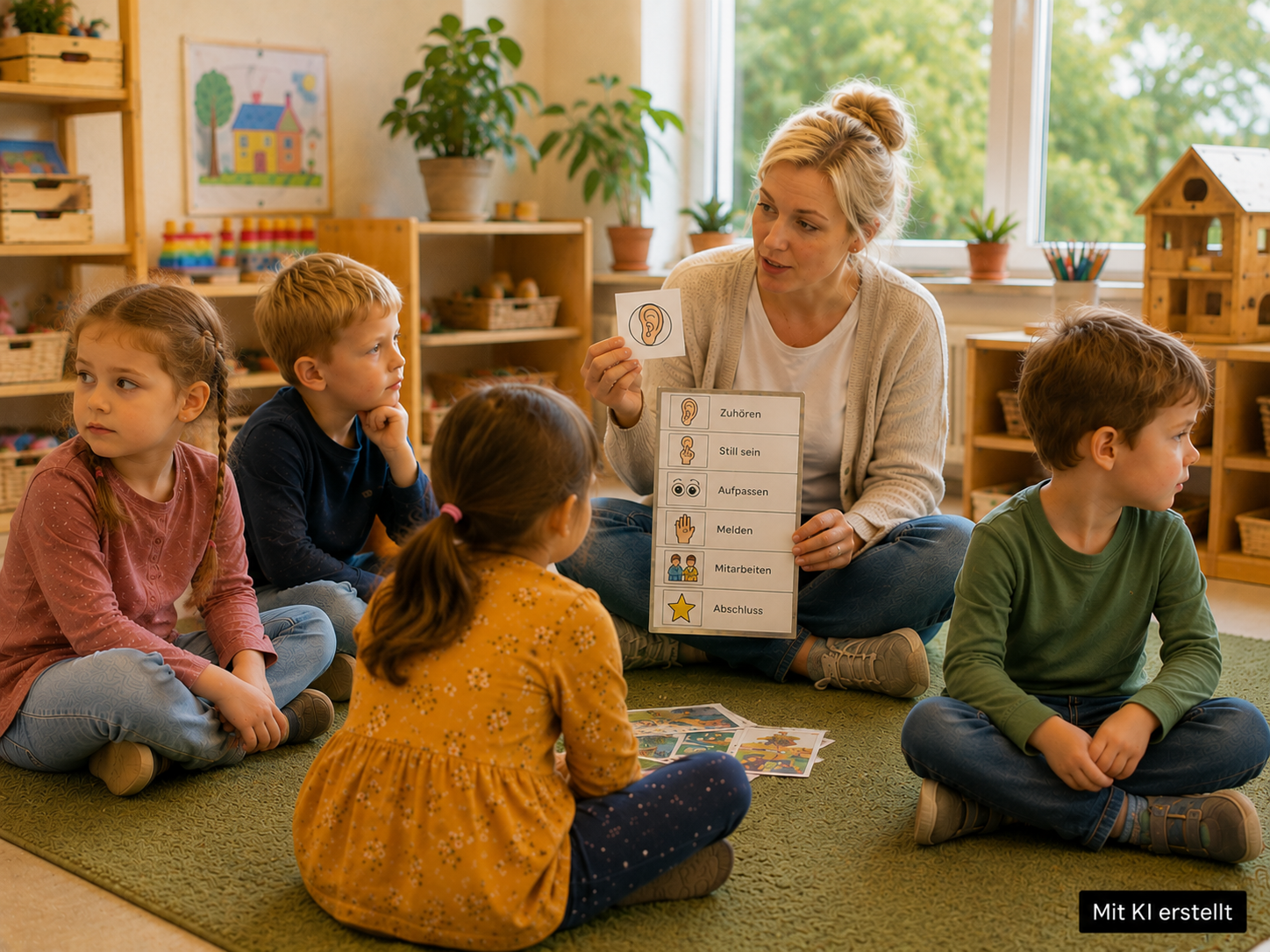 4 Kinder sitzen auf dem Boden mit einer Kindergärtnerin, die etwas erklärt. Drei Kinder schauen weg.