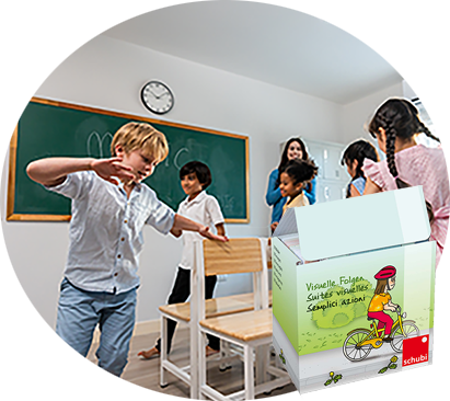 Schmuckbild: Kinder laufen im Klassenzimmer inklusive Produktbild Bilderbox Visuelle Folgen