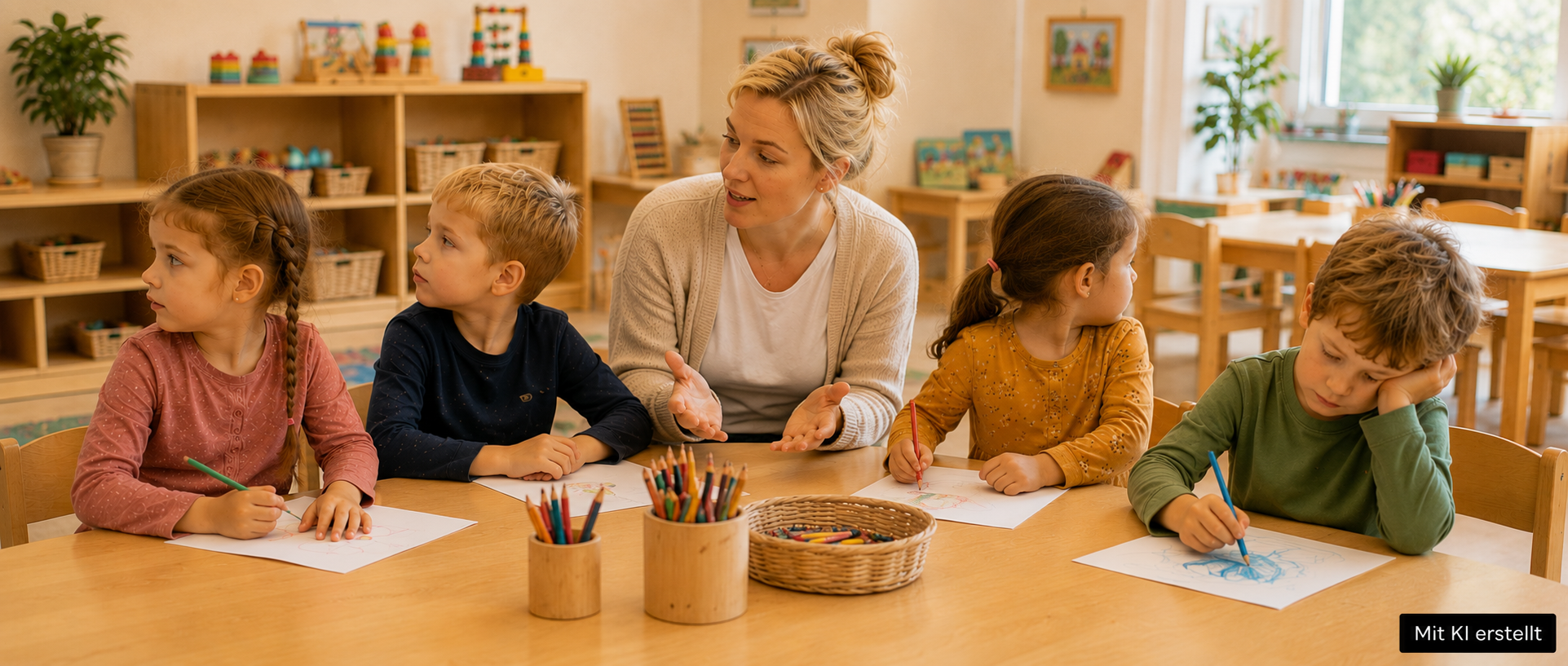 4 Kinder sitzen an einem Tisch mit der Kindgärtnerin im Kindergarten. Sie erklärt etwas, aber keine schaut und hört zu.