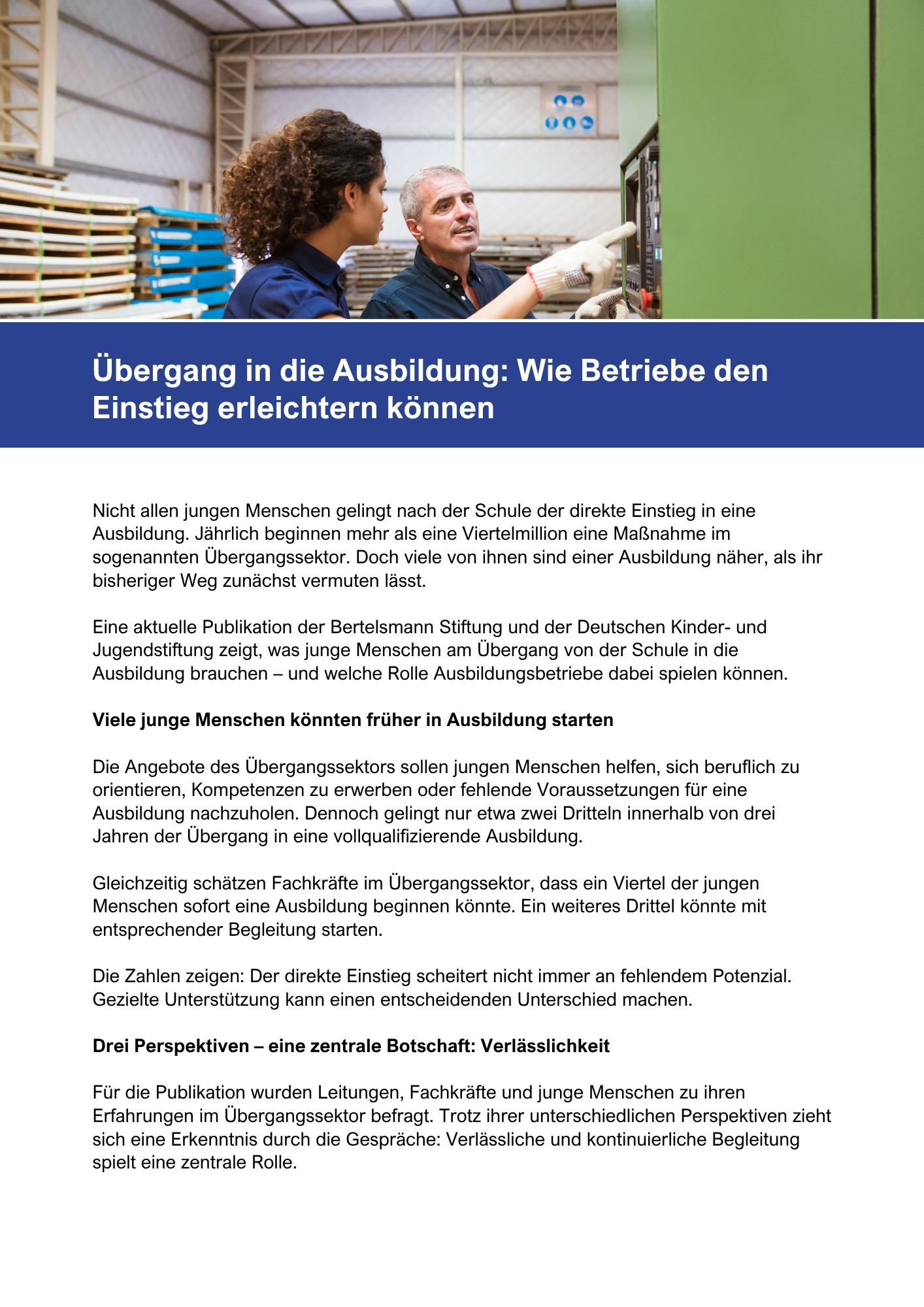 Download Blogbeitrag "Übergang in die Ausbildung: Wie Betriebe den Einstieg erleichtern können''