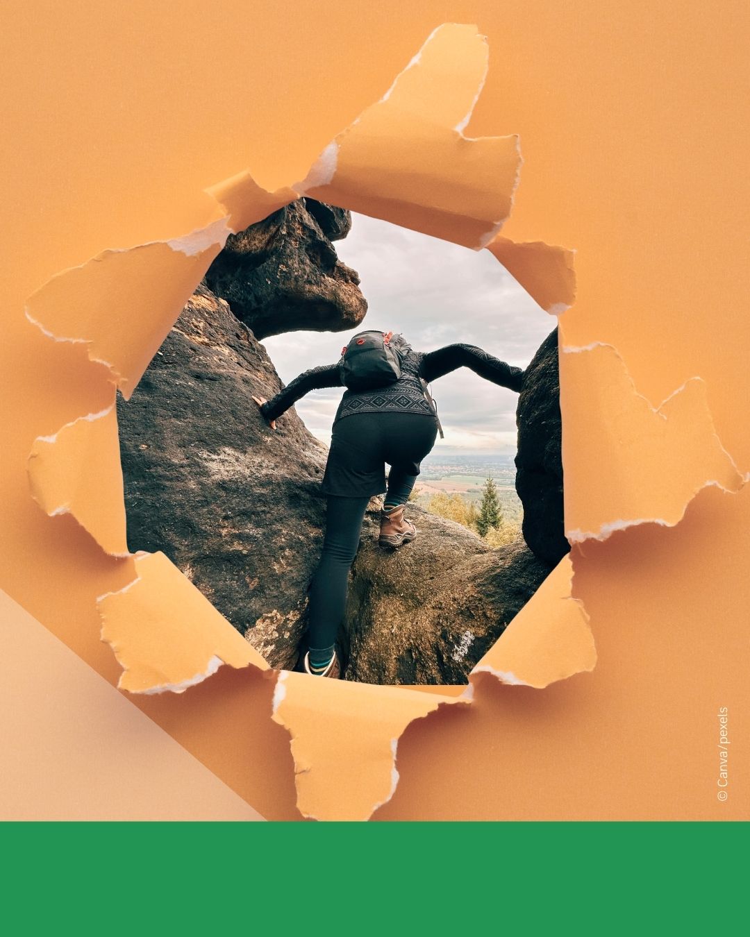 Schmuckbild, orange Hintergrund, kreisförmig zerrissenes Papier, dahinter erkennt man eine bergsteigerin, die gerade eine enge Schlucht überwindet.