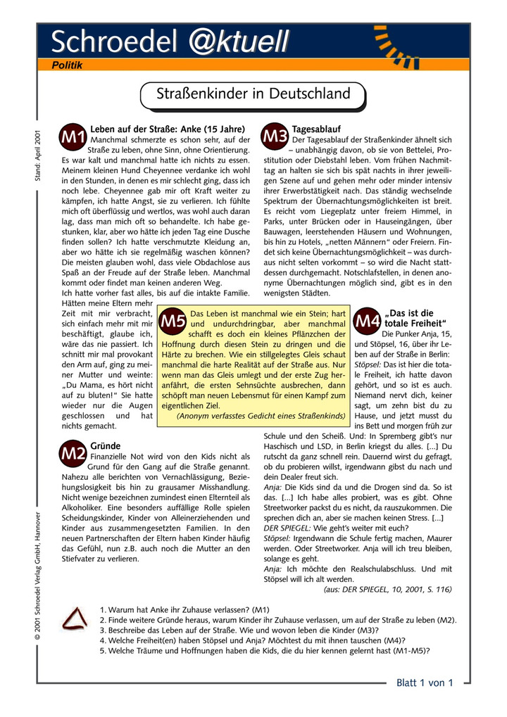 Strassenkinder In Deutschland Das Arbeitsblatt Untersucht Das Leben Auf Der Strasse Verlage Der Westermann Gruppe