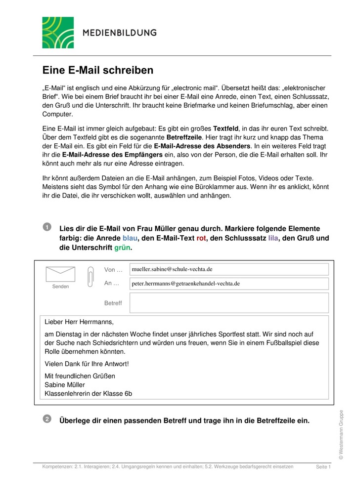 Eine E Mail Schreiben Arbeitsblatt Zur Medienbildung Verlage Der Westermann Gruppe