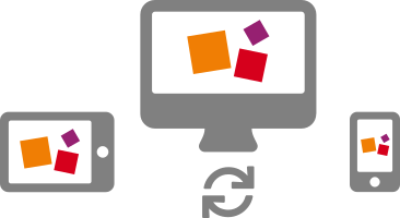 Bibox Icon Eine Grafik, die mehrere Geräte zeigt. EIn Tablet, ein PC Bildschirm und ein Handy. Auf den Bildschirmen sind drei Würfel in den Farben des BiBox Logos zu sehen: orange, violett und rot.