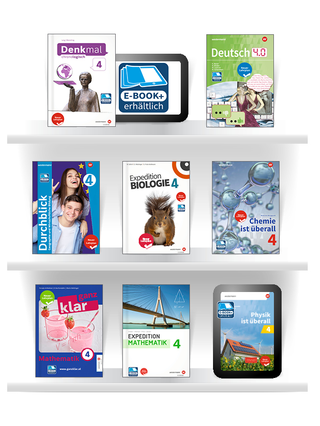 Schmuckbild: Bücherregal mit neuen Schulbüchern für die Mittelschule und das Gymnasium