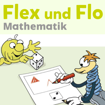 Banner mit einer Illustration von Flex und Flo, wie sie würfeln und die Menge 2 auf einem Papier darstellen