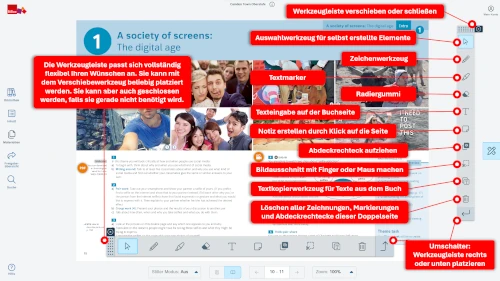 Screenshot der Werkzeugleiste der BiBox mit Erläuterungen