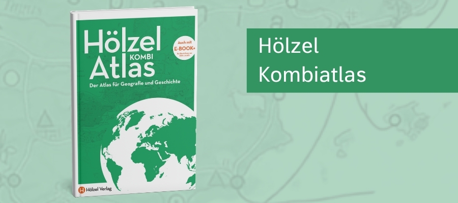 Buchcover des „Hölzel Kombi Atlas“ vor einem hellgrünen Hintergrund mit angedeuteten Karten- und Geografieelementen. Das grüne Atlascover zeigt den Titel „Hölzel Kombi Atlas“ sowie den Untertitel „Der Atlas für Geografie und Geschichte“.Rechts neben dem Buch steht in einem grünen Textfeld der Schriftzug „Hölzel Kombiatlas“. Das Logo des Hölzel Verlags ist am unteren Rand des Buchcovers sichtbar.
