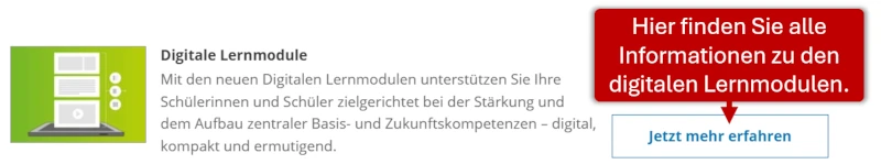 Screenshot: Suchergebnis Digitale Lernmodule mit Link Jetzt mehr erfahren