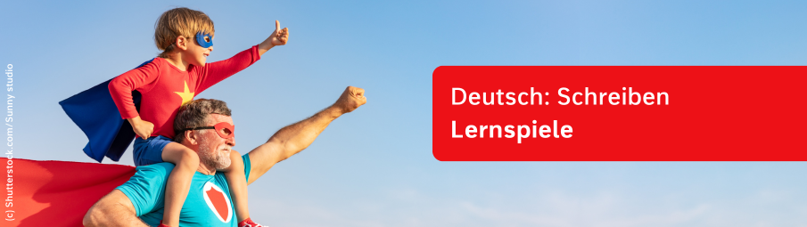 Ein Mann mit grauem Bart und ein kleines Kind, beide in Superheldenkostümen, posieren heldenhaft. Das Kind reitet auf den Schultern des Mannes. Der Text "Deutsch: Schreiben Lernspiele“ wird in einem roten Kasten angezeigt.
