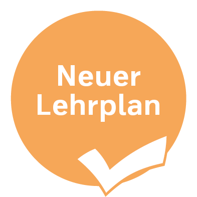 Schmuckbild, orange Hintergrund, Schrift mit Hakerl neuer Lehrplan