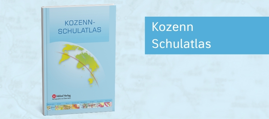 Buchcover des „Kozenn-Schulatlas“ vor einem hellblauen Hintergrund mit angedeuteten Karten- und Geografieelementen. Rechts neben dem Buch steht in einem blauen Textfeld der Schriftzug „Kozenn-Schulatlas“. Das Logo des Hölzel Verlags ist am unteren Rand des Buchcovers sichtbar.