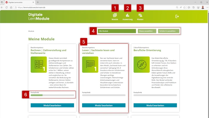 Screenshot: Bedienoberfl&auml;che der Digitalen Lernmodule