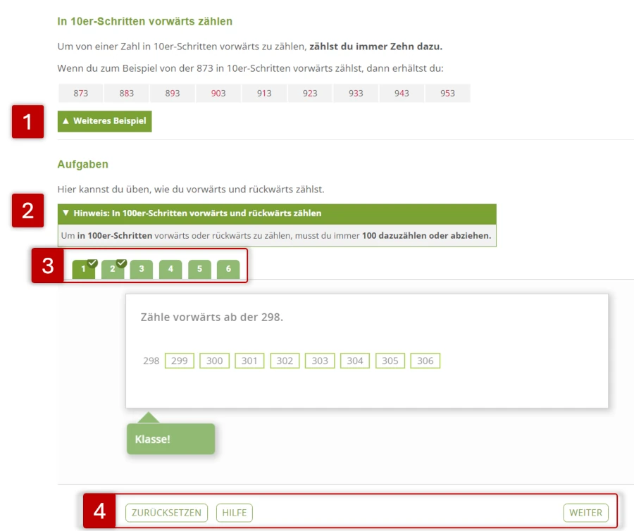 Screenshot der Inhalte eines Digitalen Lernmoduls mit eingebetteten Aufgaben und optionalen Inhalten