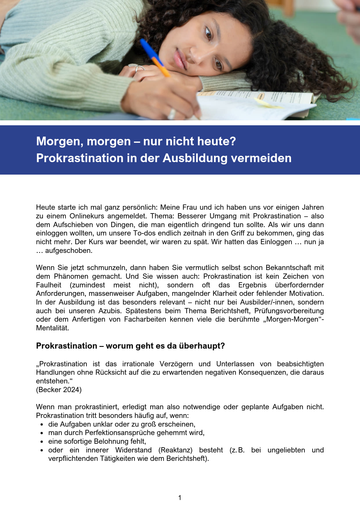 Download Blogbeitrag "Morgen, morgen – nur nicht heute? Prokrastination in der Ausbildung vermeiden"