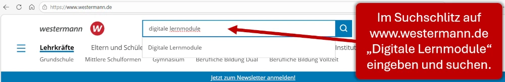 Screenshot: Suchfeld auf westermann.de mit Eingabe Digitale Lernmodule