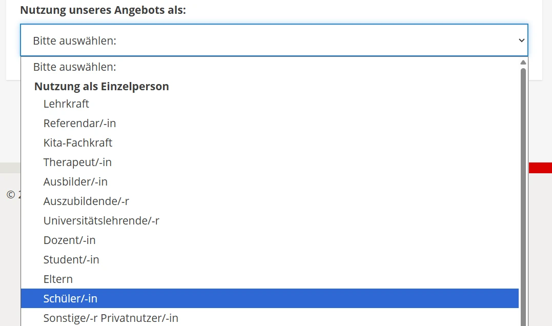 Auswahl der Nutzung als Sch&uuml;ler/-in 2