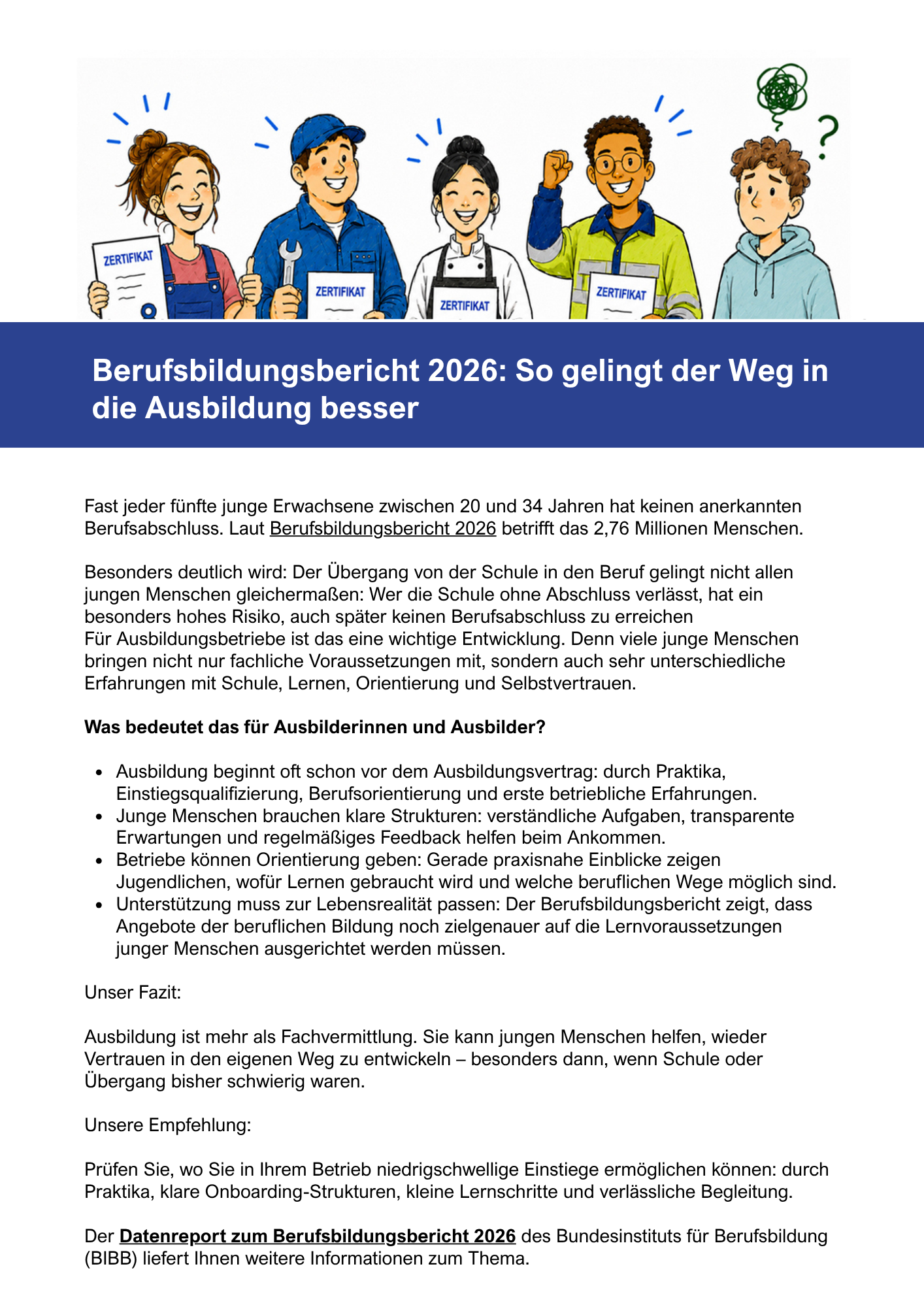 Download Blogbeitrag "Berufsbildungsbericht 2026: So gelingt der Weg in die Ausbildung besser"