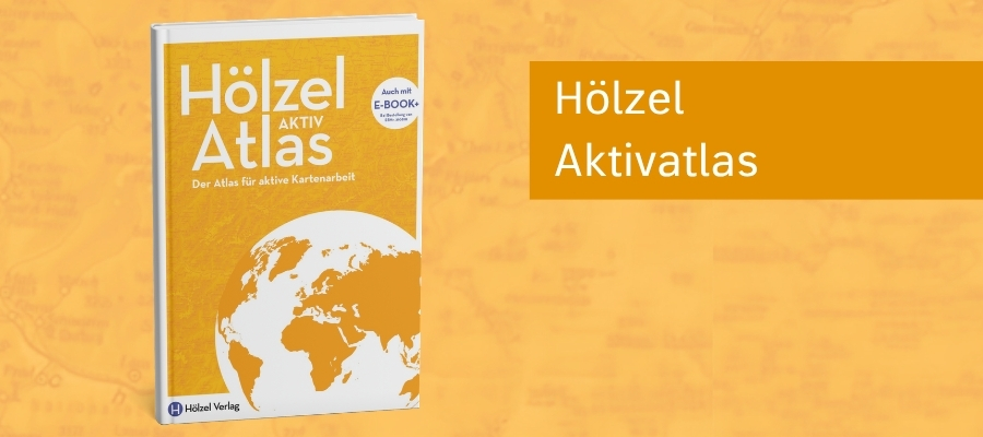 Buchcover des „Hölzel Aktivatlas“ vor einem gelben Hintergrund mit angedeuteten Karten- und Geografieelementen. Das gelbe Atlascover zeigt den Titel „Hölzel Aktivatlas“ sowie den Untertitel „Der Atlas für aktive Kartenarbeit“. Rechts neben dem Buch steht in einem gelben Textfeld der Schriftzug „Hölzel Aktivatlas“. Das Logo des Hölzel Verlags ist am unteren Rand des Buchcovers sichtbar.