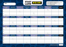 Stadt, Land, NEIN! – Der Spieleklassiker für Pessimist*innen und alle, die eigentlich keinen Bock haben - Der ultimative Stadt, Land, Fluss-Spieleblock mit 52 Kategorien und Anti-Schummel-Drehscheibe