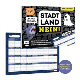 Stadt, Land, NEIN! – Der Spieleklassiker für Pessimist*innen und alle, die eigentlich keinen Bock haben - Der ultimative Stadt, Land, Fluss-Spieleblock mit 52 Kategorien und Anti-Schummel-Drehscheibe