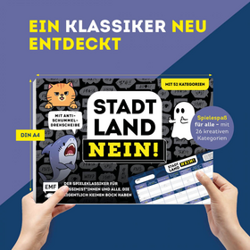 Stadt, Land, NEIN! – Der Spieleklassiker für Pessimist*innen und alle, die eigentlich keinen Bock haben - Der ultimative Stadt, Land, Fluss-Spieleblock mit 52 Kategorien und Anti-Schummel-Drehscheibe