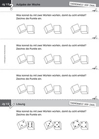 Produktabbildung zu Themenwelt der Zahl: Aufgabe der Woche 03/2015 - Daten und Zufall: alle Würfelbilder zu einem Ergebnis zeichnen