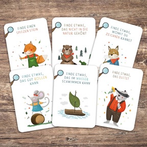 Natur-Entdeckerkarten für Kinder: Spielerische Suchaufgaben wie Steine, Düfte oder schwimmende Fundstücke - ideal für draussen.