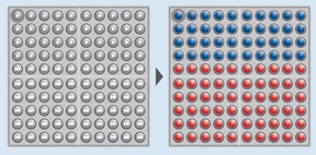 Mit einer kleinen Fingerbewegung nach rechts lässt sich jede graue Kugel des Abaco 100 tricolor zunächst in eine blaue und  dann in eine rote Kugel verwandeln.