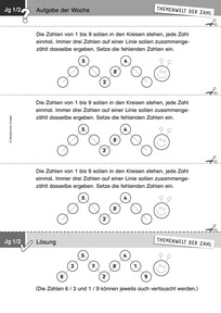 Produktabbildung zu Themenwelt der Zahl: Aufgabe der Woche 39/2018 - Zahlen und Operationen: zum Knobeln: Ziffern passend in eine Reihe setzen (Addieren)
