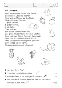 Beispiel Arbeitsblatt Lesetexte, Thema "Obst"