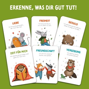 Bedürfniskarten für Kinder: Liebe, Freiheit, Geduld und andere Grundbedürfnisse einfach erklärt und liebevoll illustriert.