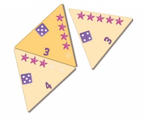 NUMERO Beispielkarten Spiel 3: Zahlen von 1 bis 5 (Ziffern, Seesterne, Würfelaugen) zuordnen.