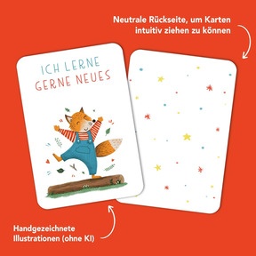 Die neutrale Rückseite macht das Ziehen einer Karte zum kleinen Ritual - morgens als Tagesimpuls, abends zur Reflexion oder einfach zwischendurch wenn ein Mutmacher gebraucht wird.