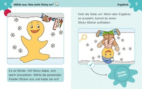 Beispielseite «Was zieht Sticky an - Winter» - Mit coolen Kleider-Stickern im Heft!