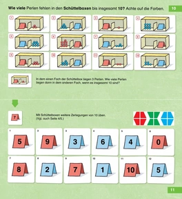 Wie viele Perlen fehlen in den Schüttelboxen bis insgesamt 10? Achte auf die Farben!