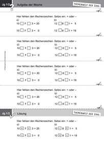 Produktabbildung zu Themenwelt der Zahl: Aufgabe der Woche 03/2017 - Zahlen und Operationen: Rechenzeichen "+" und "-" passend einsetzen  (Klasse 1/2)