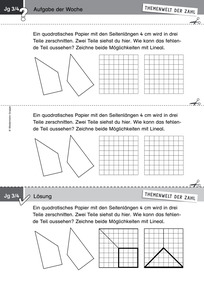Produktabbildung zu Themenwelt der Zahl: Aufgabe der Woche 40/2017 - Raum und Form: Ebene Figuren (Zerlegen eines Quadrats, Klasse 3/4)