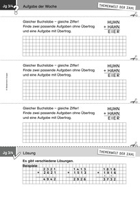 Produktabbildung zu Themenwelt der Zahl: Aufgabe der Woche 12/2018 - Zahlen und Operationen: Schriftliches Addieren zum Knobeln (gleicher Buchstabe - gleiche Ziffer; Klasse 3/4)