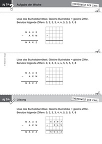 Produktabbildung zu Themenwelt der Zahl: Aufgabe der Woche 22/2017 - Zahlen und Operationen: Gleiches Zeichen = gleiche Ziffer beim schriftlichen Subtrahieren (Klasse 3/4)