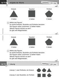 Produktabbildung zu Themenwelt der Zahl: Aufgabe der Woche 11/2014 - Klasse 1/2: Ebene Figuren (Dreieck, Quadrat, Fünfeck)