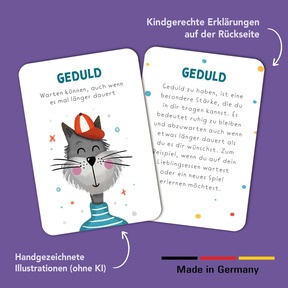 Kindgerechte Erklärungen jeder Stärke: Vorder- und Rückseite vermitteln Werte wie Geduld verständlich und alltagsnah.