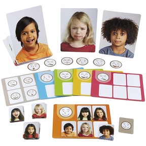 Lernmaterial für Emotionskompetenz: Zuordnungsfelder, Emotionssymbole und Fotokarten für abwechslungsreiche Spiele.
