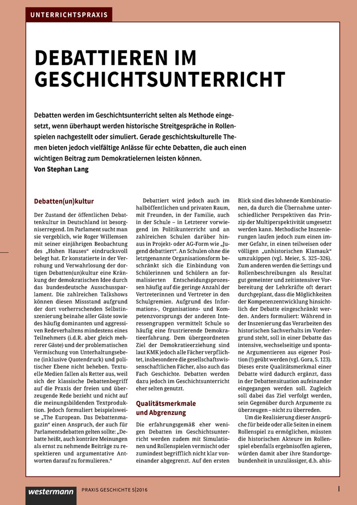 Unterrichtspraxis Geschichte - Debattieren im Geschichtsunterricht