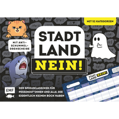 Stadt, Land, NEIN! – Der Spieleklassiker für Pessimist*innen und alle, die eigentlich keinen Bock haben - Der ultimative Stadt, Land, Fluss-Spieleblock mit 52 Kategorien und Anti-Schummel-Drehscheibe