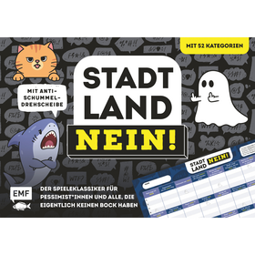 Stadt, Land, NEIN! – Der Spieleklassiker für Pessimist*innen und alle, die eigentlich keinen Bock haben - Der ultimative Stadt, Land, Fluss-Spieleblock mit 52 Kategorien und Anti-Schummel-Drehscheibe