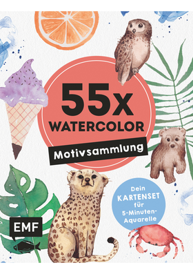 55 x Watercolor – Motiv-Sammlung: Kartenset für 5-Minuten-Aquarelle - 55 Karten mit einfache Aquarellmotiven zum Mitnehmen und Verschenken | Mit Booklet und Anleitungen | Pflanzen, Tiere und mehr malen