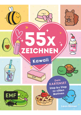 55 x Zeichnen – Kawaii: Dein Kartenset - 55 Karten mit Step by Step Anleitungen zu süßen Motiven | Zum Mitnehmen und Verschenken | Mit lustigen und motivierenden Sprüchen | Tipps und Tricks im Booklet