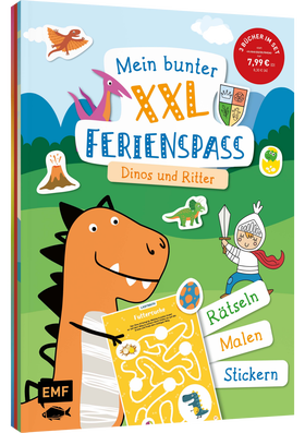 Mein bunter XXL-Ferienspaß: Dinos und Ritter – 3 Kreativbücher im Bundle - Rätseln, Malen, Stickern – für zu Hause und unterwegs