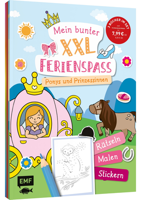 Mein bunter XXL-Ferienspaß: Ponys und Prinzessinnen – 3 Kreativbücher im Bundle - Rätseln, Malen, Stickern – für zu Hause und unterwegs
